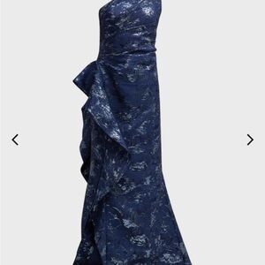 One-Shoulder Navy Textured Ruffle Gown